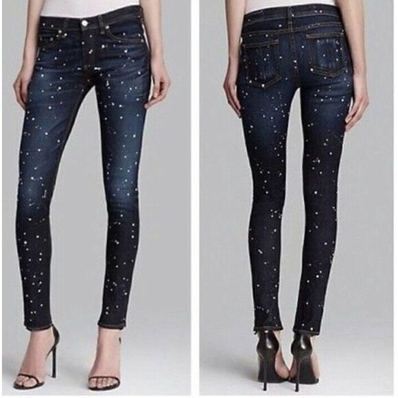 rag & bone Denim - rag and bone paint splattered blue wash denim skinny low rise jeans size US 24